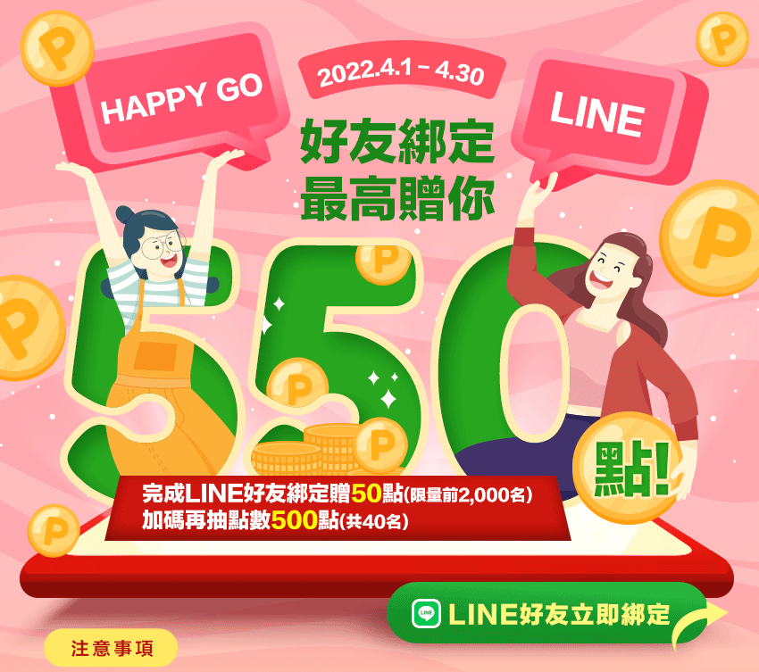 HAPPY GO LINE好友綁定最高贈你550點!